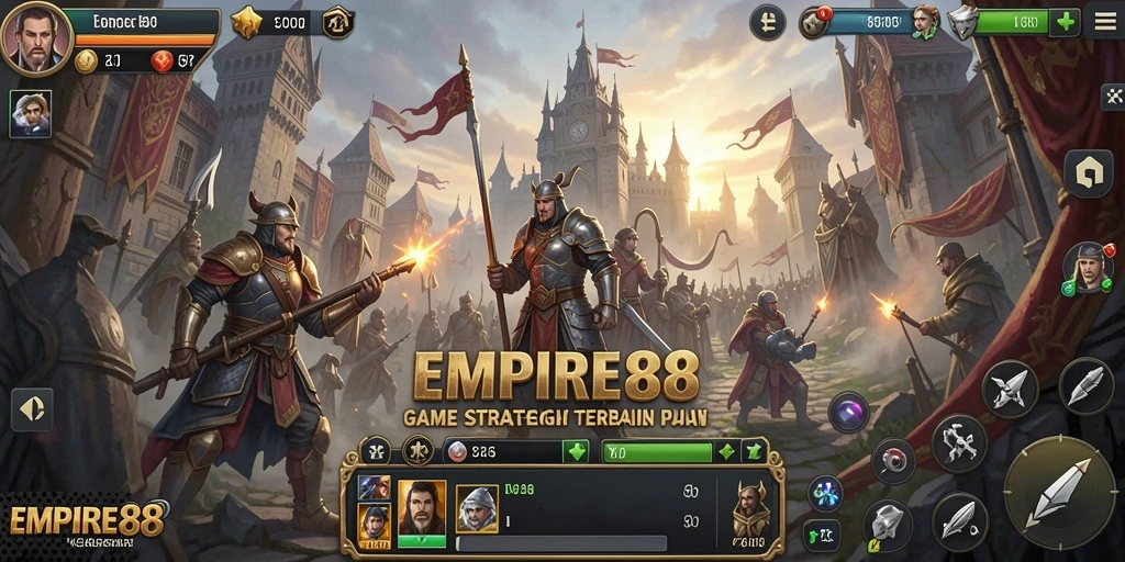 Gameplay <strong>EMPIRE88</strong> menampilkan pertempuran strategis dan pembangunan kota.