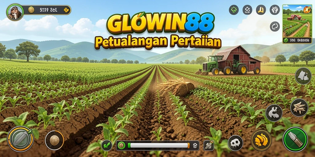 Tampilan gameplay GLOWIN88 yang menampilkan pertanian yang indah dan penuh warna.
