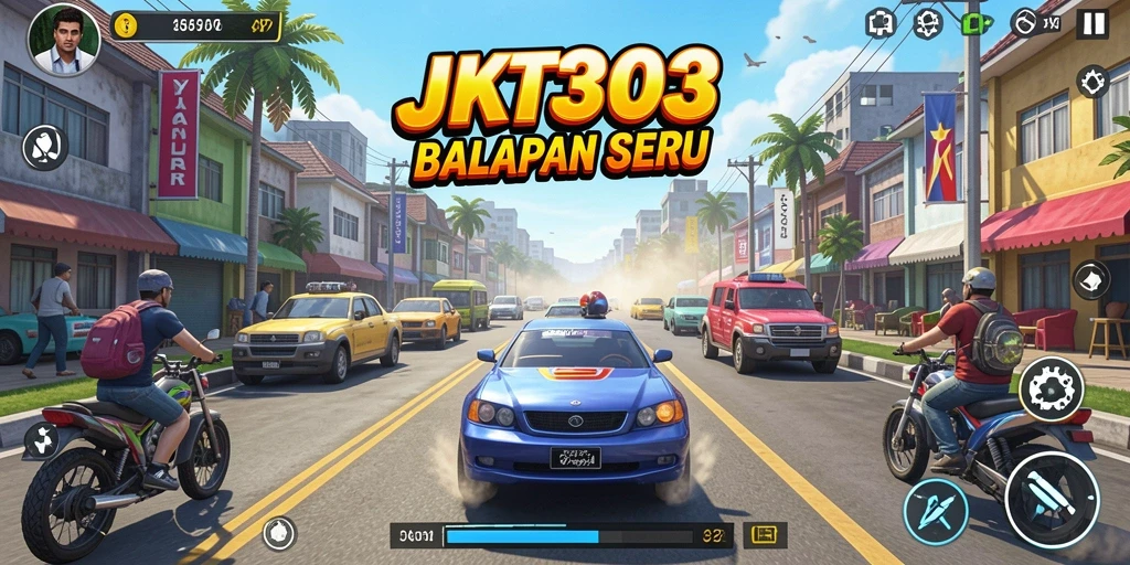 Screenshot utama menunjukkan aksi balapan mendebarkan di JKT303