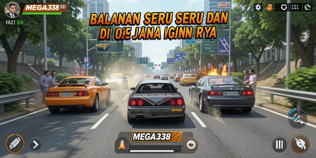Screenshot gameplay MEGA338 menampilkan aksi balapan yang mendebarkan.