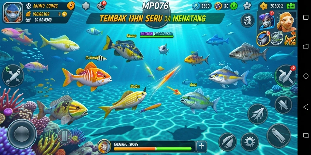 Tampilan gameplay MPO76 dengan ikan yang menari-nari di lautan.