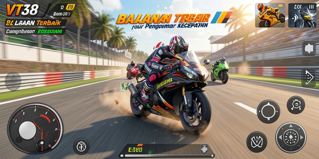 Screenshot utama VT38 menampilkan aksi balapan motor yang mendebarkan.