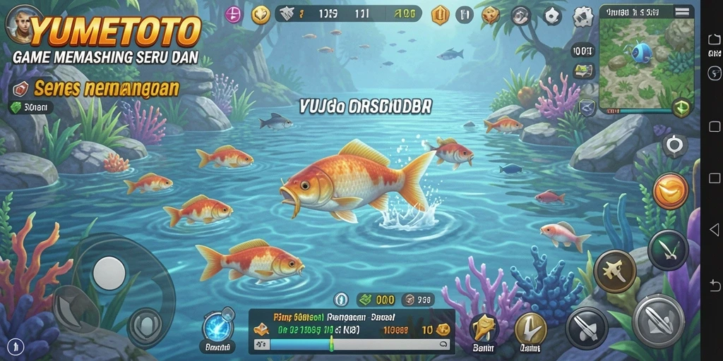 Tampilan gameplay YUMETOTO dengan aksi memancing yang seru dan menantang.